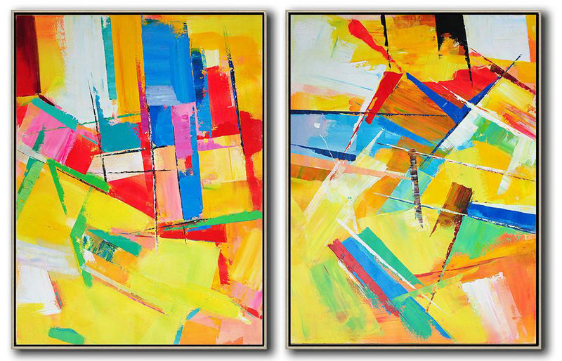 Set Of 2 Contemporary Art On Canvas,Acrylic Painting On Canvas,Red,Yellow,Blue,Purple,Green